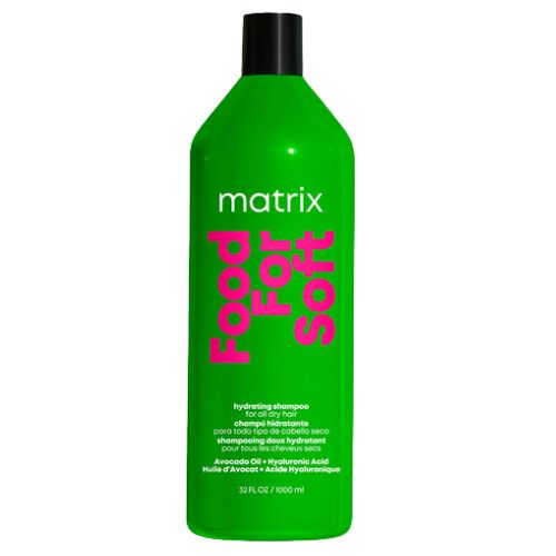 Bouteille grand format 1 litre du shampoing hydratant Matrix Food For Soft, conçu pour cheveux secs, enrichi en huile d’avocat et acide hyaluronique.