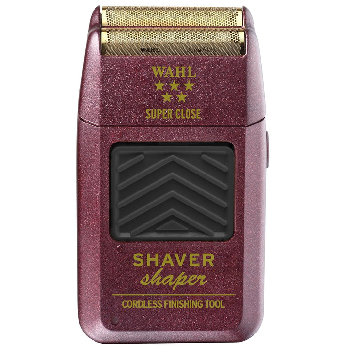 Rasoir de finition Wahl Super Close rouge pailleté avec grille dorée hypoallergénique, shaver professionnel sans fil, vue de face sur fond blanc.