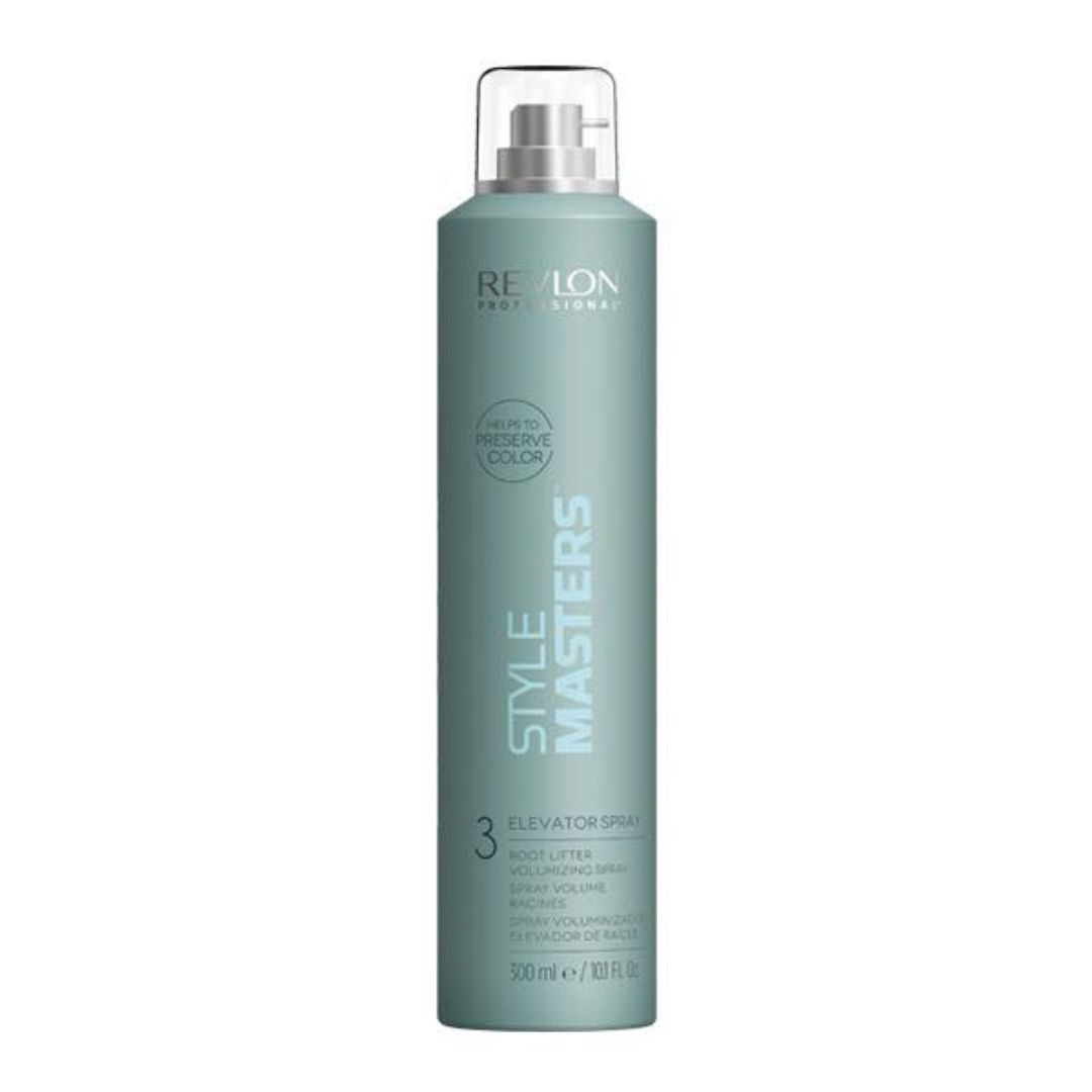 Flacon REVLON Professional Style Masters Elevator Spray 300 ml, spray volumisant vert sauge mat avec vaporisateur argenté et capuchon transparent, sur fond blanc.