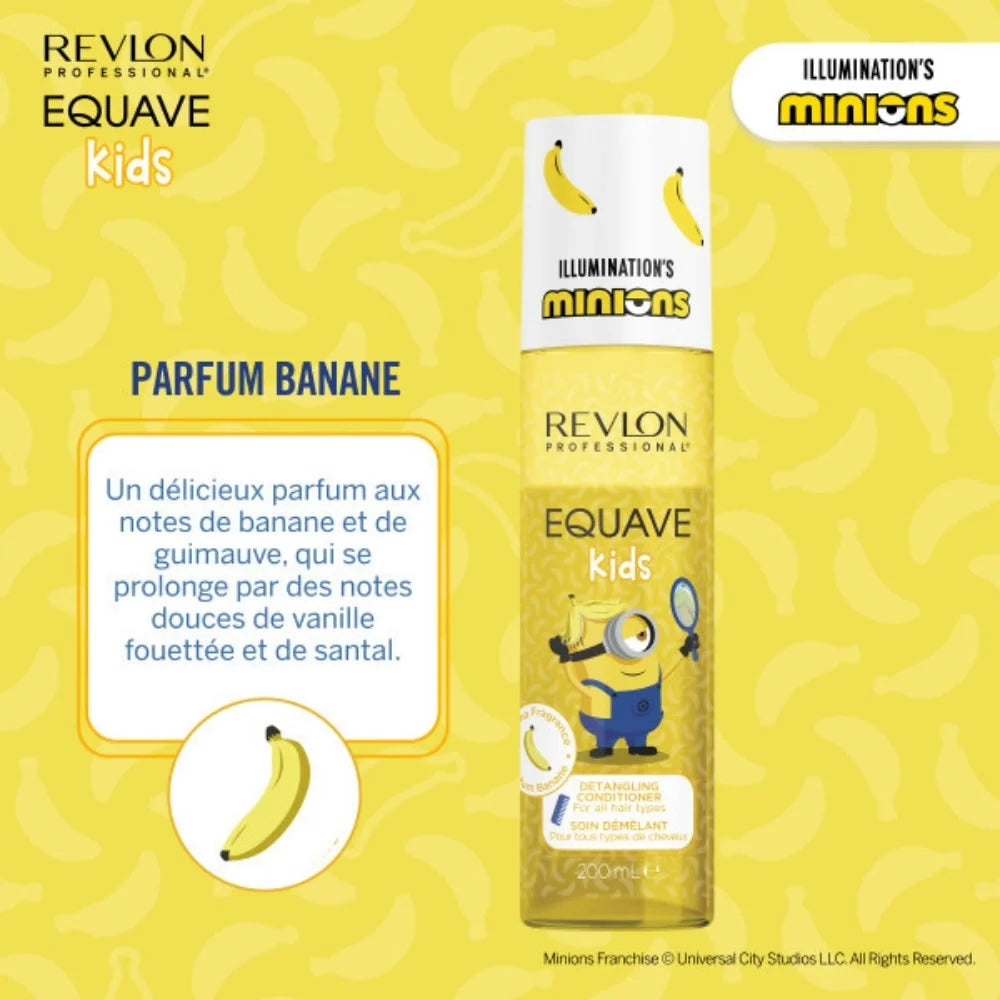 Soin démêlant REVLON Equave Kids Minions avec parfum banane et guimauve, visuel jaune présentant les notes gourmandes du produit.