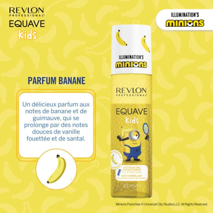 Soin démêlant REVLON Equave Kids Minions avec parfum banane et guimauve, visuel jaune présentant les notes gourmandes du produit.