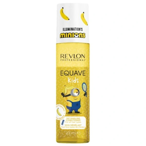 Soin démêlant REVLON Equave Kids Minions parfum banane en bouteille jaune, spray sans rinçage pour enfants, présenté sur fond blanc.