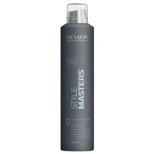 Bouteille REVLON Style Masters Glamourama Brilliance Spray 300 ml, spray brillance sans fixation, flacon gris fonce avec vaporisateur transparent, présenté sur fond blanc professionnel.