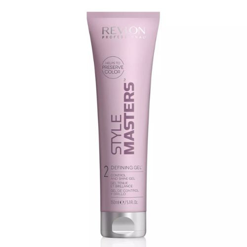 Tube REVLON Style Masters Creator Defining Gel 150 ml, gel coiffant fixation forte et brillance, emballage rose pale, présenté sur fond blanc professionnel.