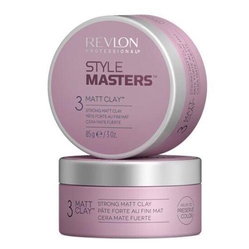 Pot REVLON Style Masters Matt Clay 85 g, pâte coiffante mate à fixation forte, contenant rose pale avec couvercle argente, présenté sur fond blanc professionnel.