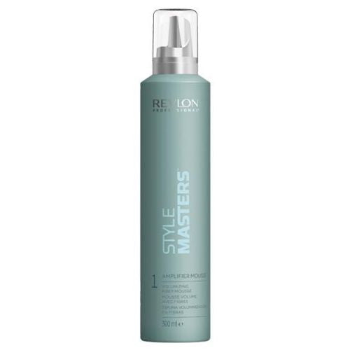 Bouteille REVLON Style Masters Mousse Amplifier fibreuse 300 ml, mousse volumisante professionnelle pour cheveux fins, flacon verte sauge avec bouchon transparent, sur fond blanc.