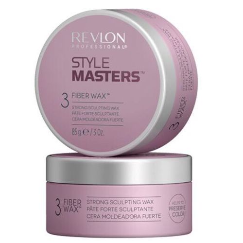 Pot REVLON Style Masters Fiber Wax pâte fibreuse 85 ml, coiffant fixation forte pour cheveux fins, contenant rose pale avec couvercle argente, présenté sur fond blanc.