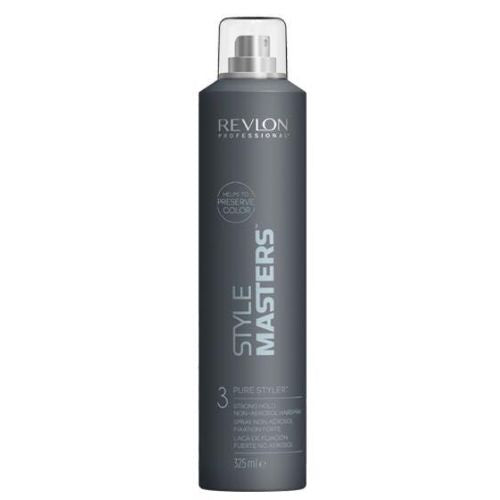 Bouteille REVLON Style Masters Pure Styler 325 ml, fixatif non-aérosol fixation moyenne, flacon gris foncé mat avec vaporisateur argenté et capuchon transparent, sur fond blanc.