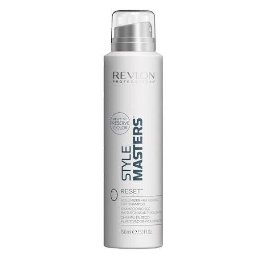 Bouteille REVLON Style Masters Reset shampoing sec volumisant 150 ml, aérosol blanche avec bouchon transparent, présenté sur fond blanc professionnel.