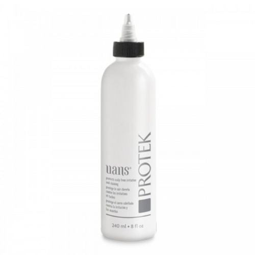 Flacon UANS Protek 240 ml huile contour protectrice pour coloration, bouteille blanche avec embout applicateur pointu et bouchon noir, sur fond blanc.