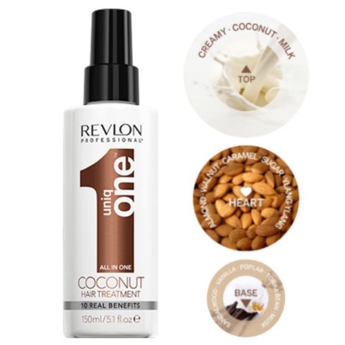 Flacon REVLON Uniq One Coconut 150 ml, traitement sans rinçage 10 bienfaits, bouteille blanche avec étiquette brun  et pompe noire, fond blanc.