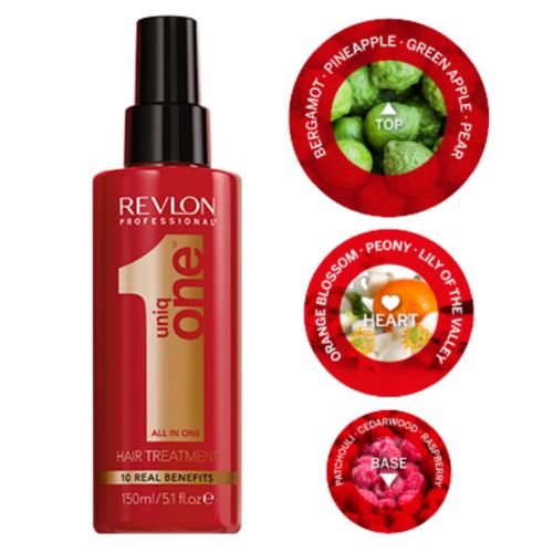 Flacon REVLON Uniq One Original 150 ml, traitement sans rinçage 10 bienfaits, bouteille rouge avec pompe noire, présenté sur fond blanc.