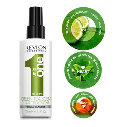 Flacon REVLON Uniq One Green Tea 150 ml, traitement sans rinçage 10 bienfaits, bouteille blanche avec étiquette verte et pompe noire, fond blanc.