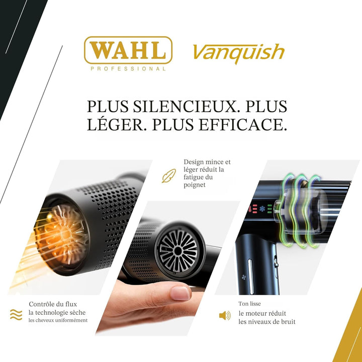 Séchoir WAHL Vanquish noir avec illustration du flux d’air chaud, moteur digital silencieux et design léger, mise en avant des performances professionnelles.