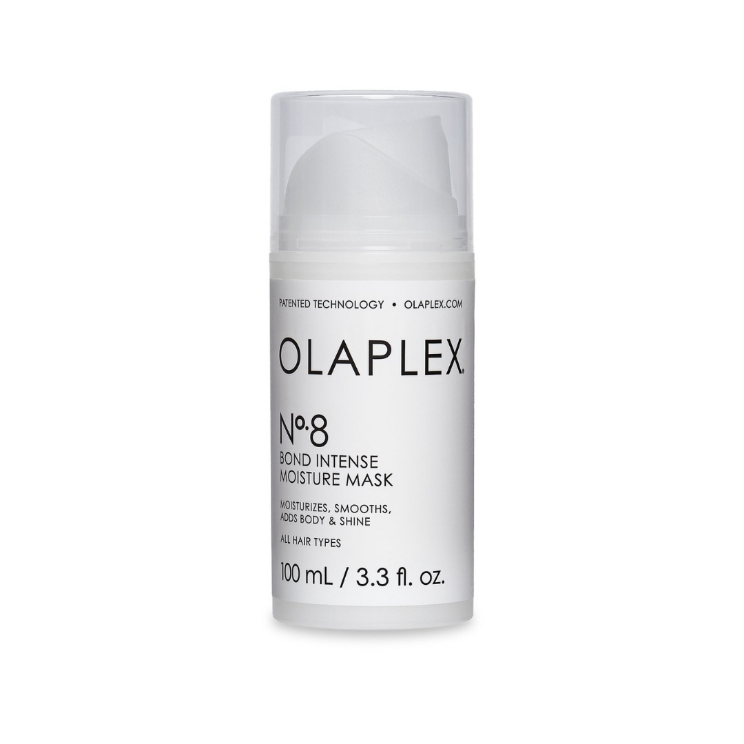 Masque capillaire OLAPLEX No.8 100 ml – flacon blanc avec bouchon blanc, écriture noir, posé sur fond blanc. Soin hydratant réparateur intense pour cheveux abîmés.