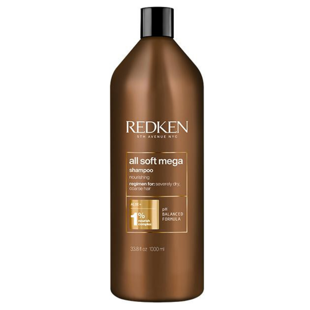 Bouteille REDKEN All Soft Mega shampoing 1000 ml brun cuivre avec étiquette  pour cheveux très secs sur fond blanc.