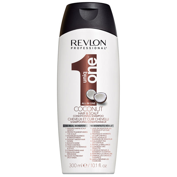 Flacon REVLON Uniq One Coconut 300 ml shampoing conditionneur, bouteille blanche avec étiquette blanche, brune et bouchon noir, sur fond blanc.
